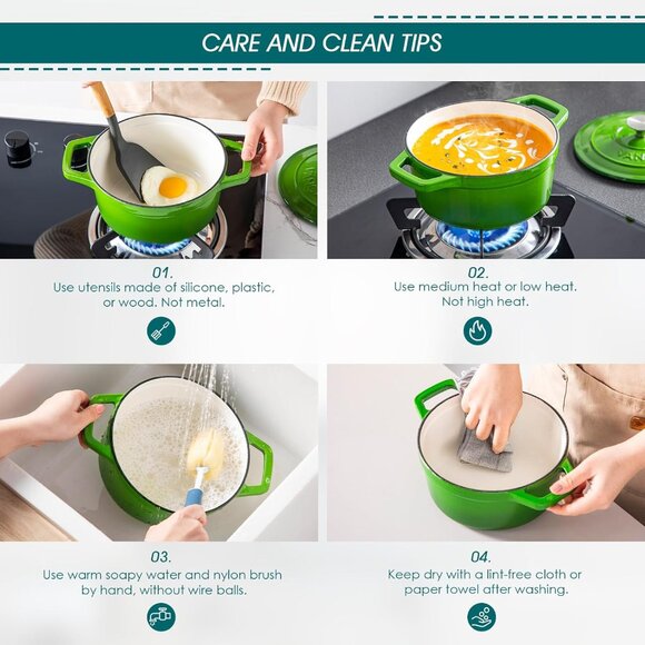 Enameled Cast Iron Dutch Oven 2.5 QT Green Naturally Non-Stick Casserole Dish - Picture 6 of 7